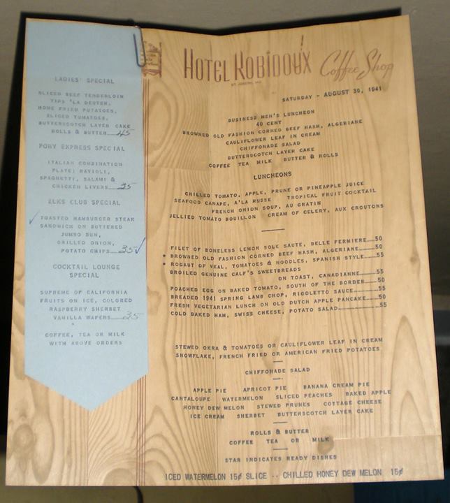 1941 Hotel Robidous Coffee Shop Menu
