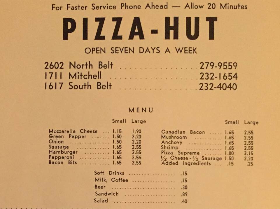 Pizza Hut Menu 1971