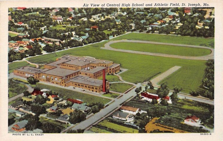AIR VIEW CENTRAL HIGH SCHOOL & ATLETIC FIELD FROM THE REAR OF THE BUILDING POSTCARD c1930s