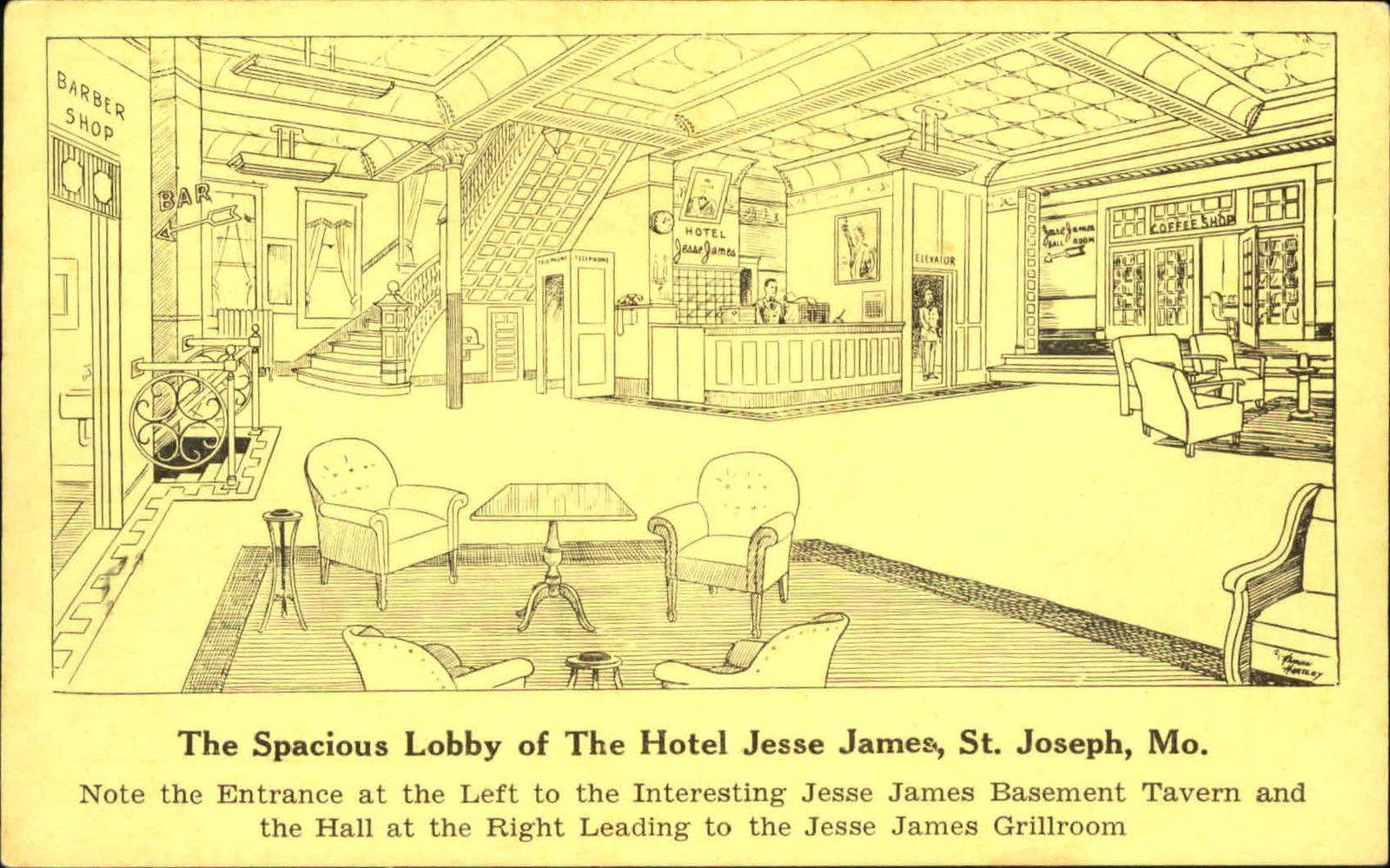 Hotel Jesse James lobby St. Joseph Missouri MO barber shop coffee shop